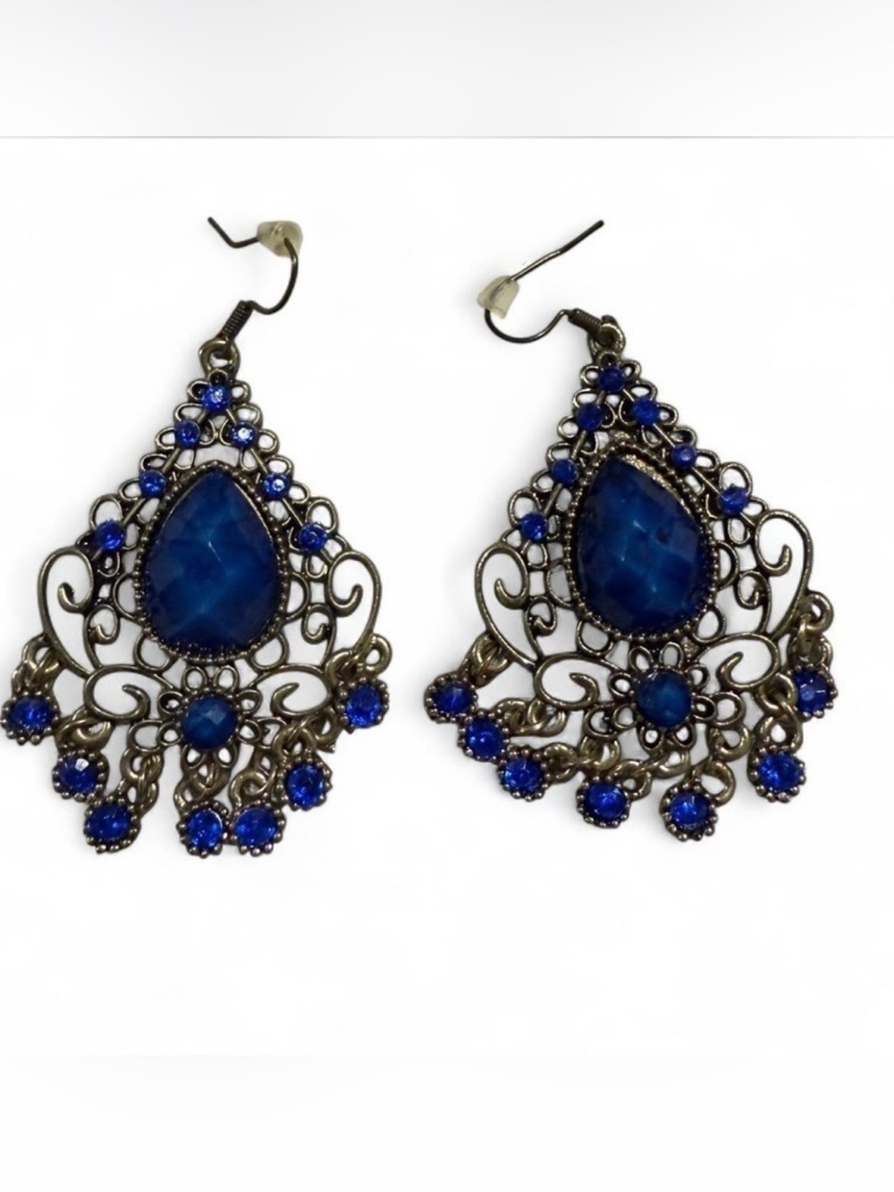 VINTAGE Blue Chandelier Earrings Boho Filigree Teardrop Statement Dangle - Picture 1 of 4